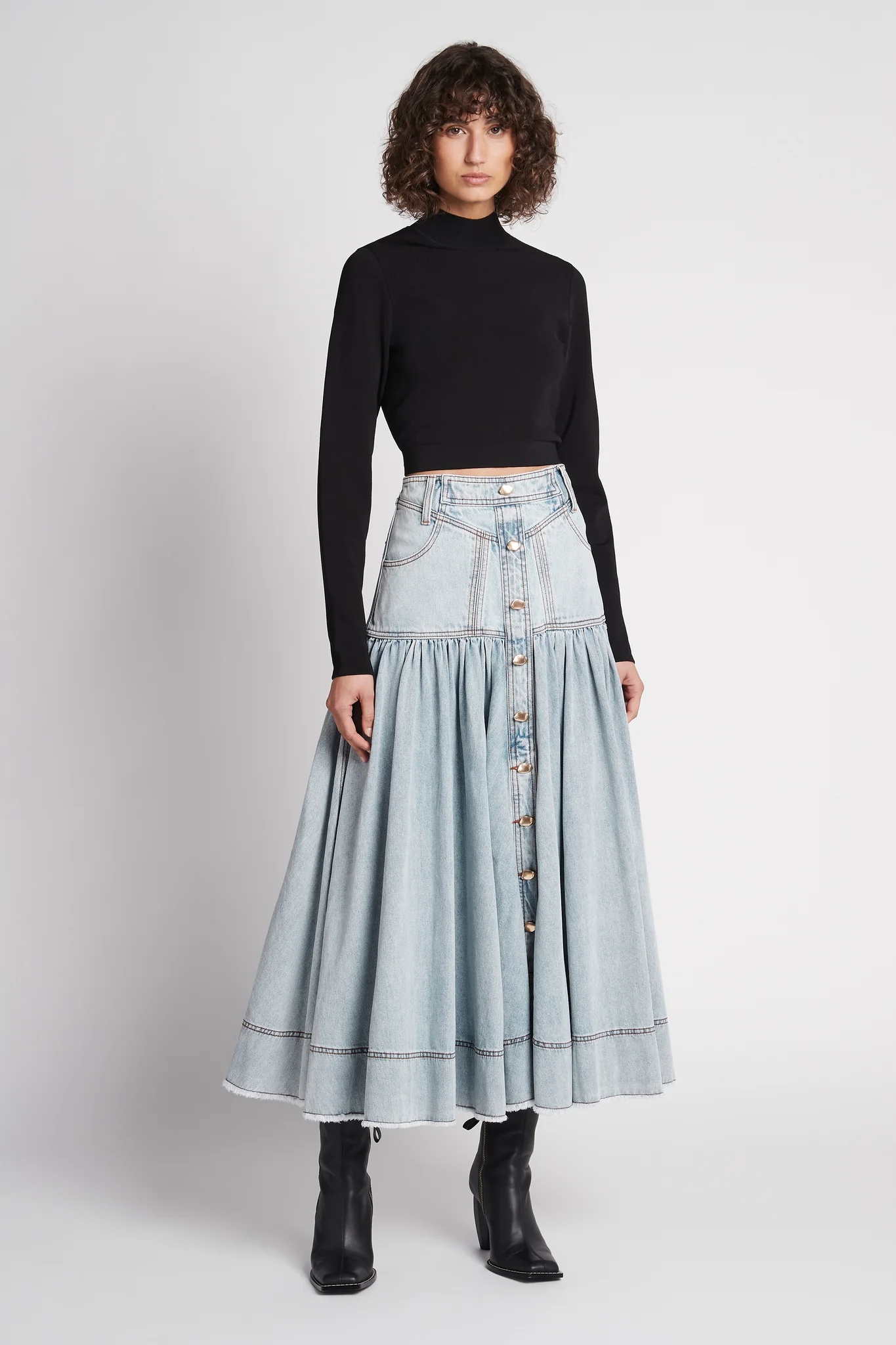 Belmond Button Denim Tiered Midi Skirt