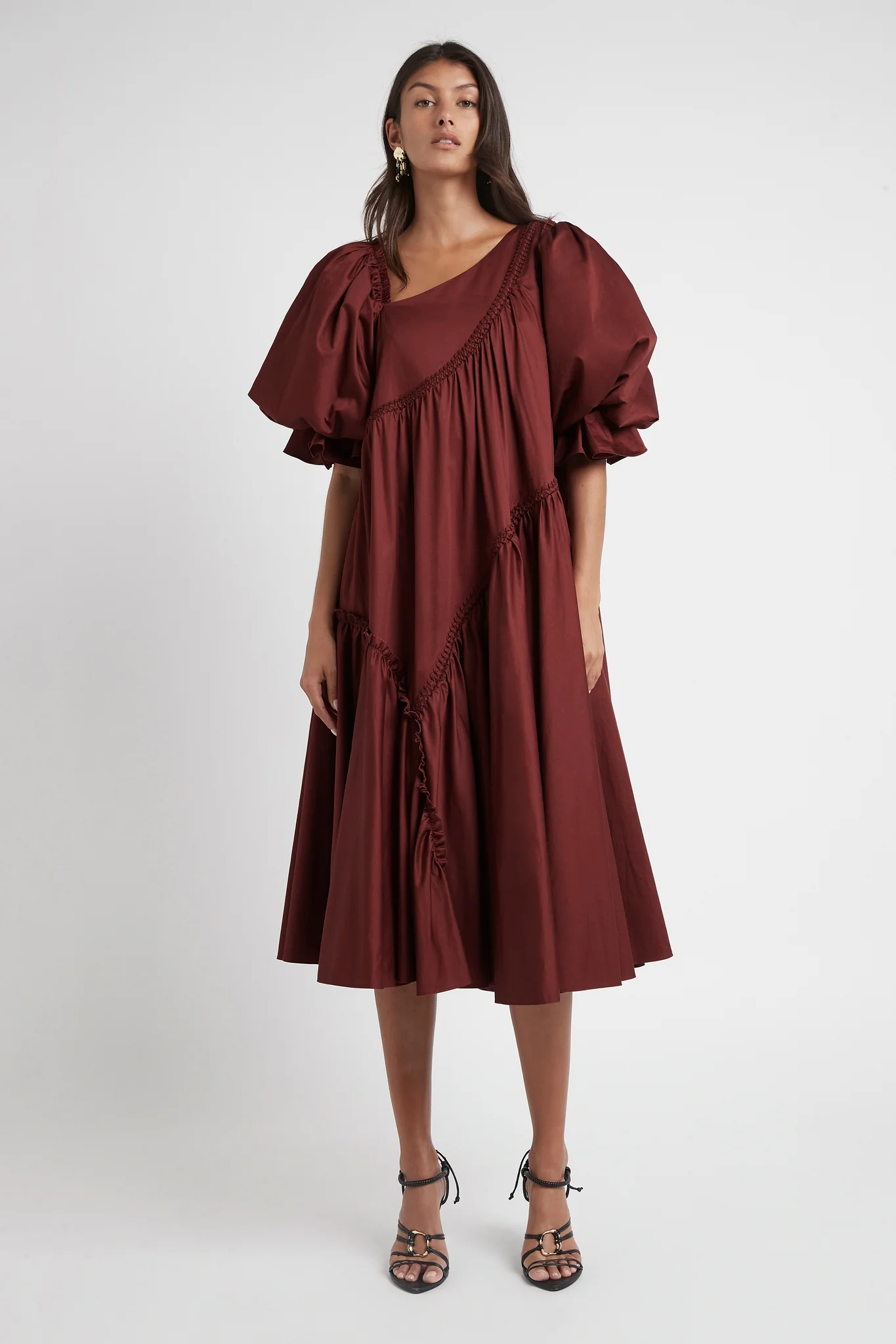 Casabianca Braided Asymmetric Puff Sleeve Midi Dress - Image 4