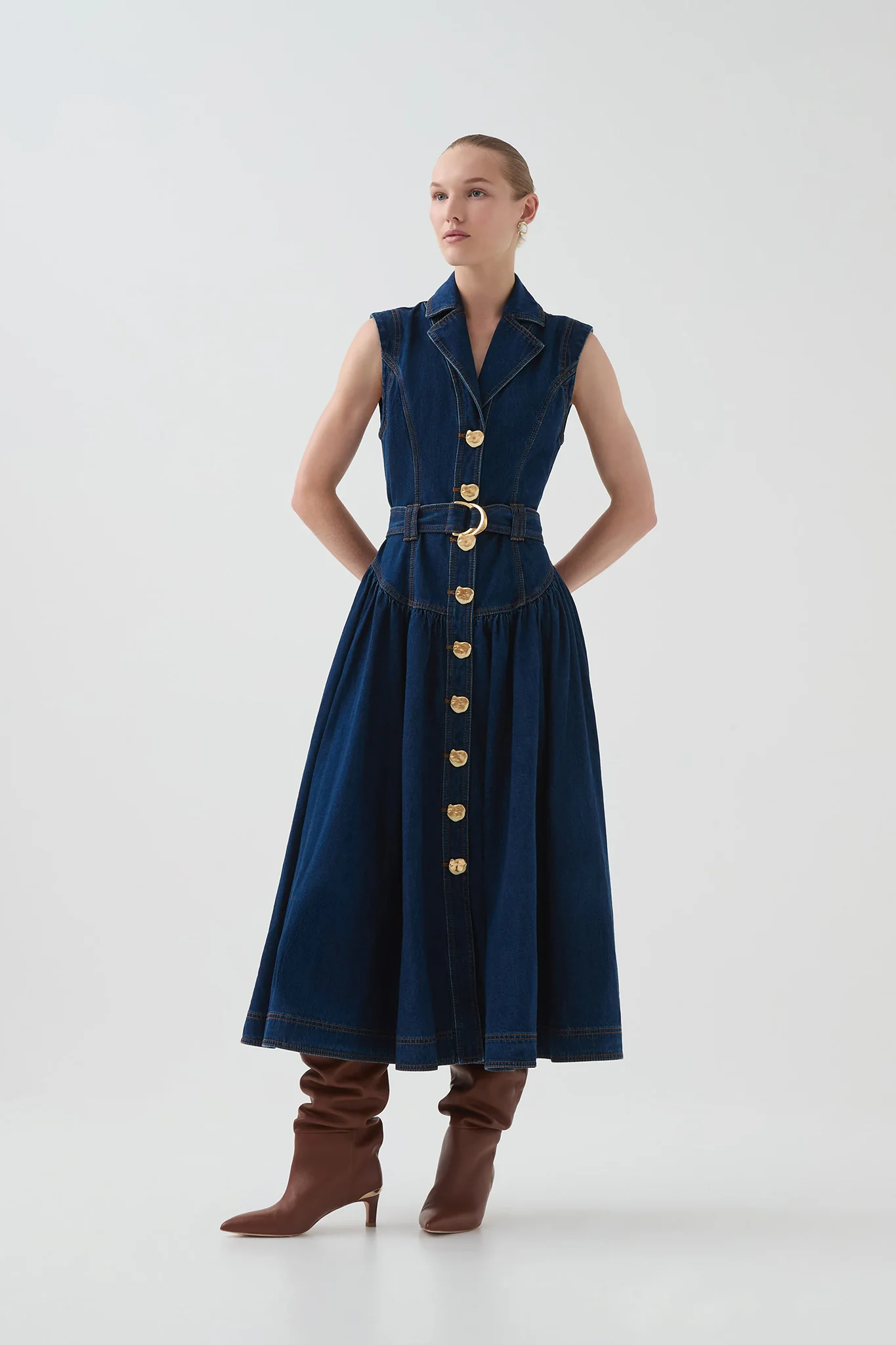 Elena Belted Denim Midi Dress - Image 6